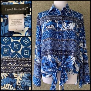 “Travel Elements” Ethnic Print Button-down Shirt Blouse  size M